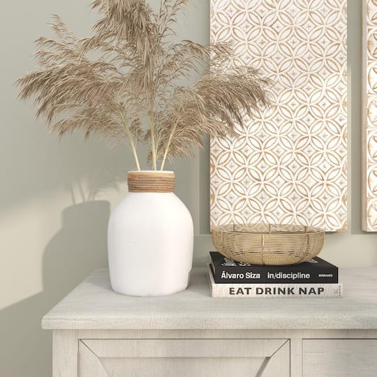 11" White Ceramic Vase with Wrapped Rattan Detailing